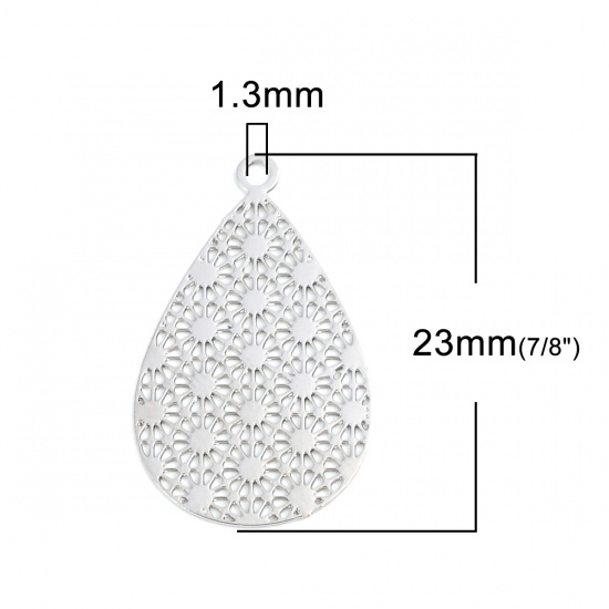 Immagine di Ottone Filigree Stamping Charms Tono Argento Goccia Polka Dot Filigrana 23mm x 14mm, 20 Pz