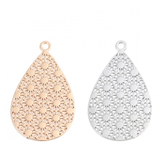 Immagine di Ottone Filigree Stamping Charms Tono Argento Goccia Polka Dot Filigrana 23mm x 14mm, 20 Pz