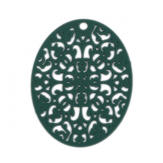 Bild von Messing Filigran Stempel Verzierung Anhänger Oval Militärgrün 3.1cm x 2.4cm, 10 Stück                                                                                                                                                                         