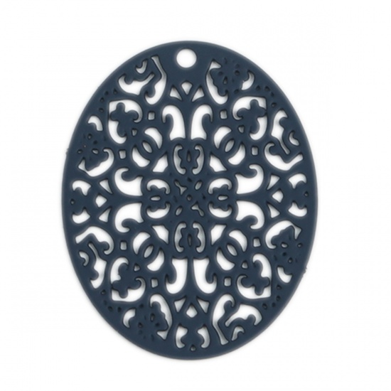 Bild von Messing Filigran Stempel Verzierung Anhänger Oval Lila Grau 3.1cm x 2.4cm, 10 Stück