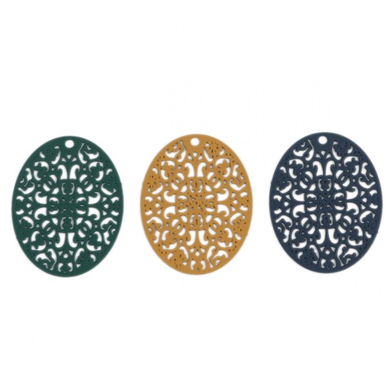 Bild von Messing Filigran Stempel Verzierung Anhänger Oval Lila Grau 3.1cm x 2.4cm, 10 Stück