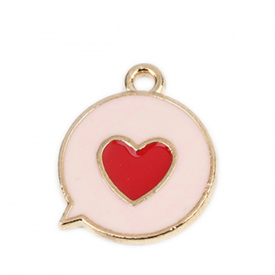 Picture of Zinc Based Alloy Charms Round Gold Plated Red & Pink Heart Enamel 17mm x 14mm, 20 PCs