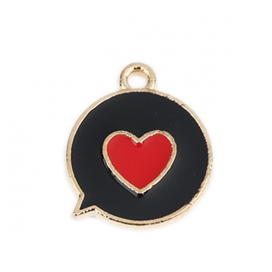 Picture of Zinc Based Alloy Charms Round Gold Plated Black & Red Heart Enamel 17mm x 14mm, 20 PCs