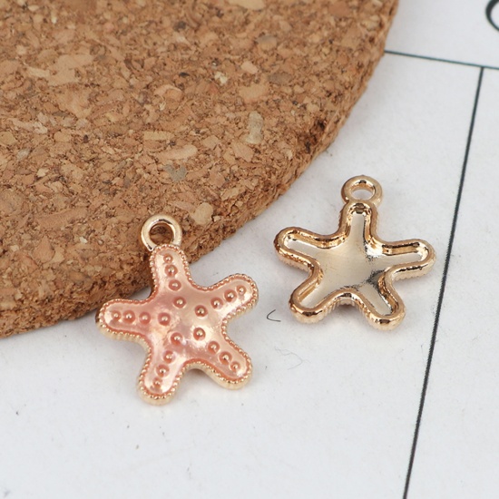 Picture of Zinc Based Alloy Ocean Jewelry Charms Star Fish Gold Plated Pink Enamel 16mm x 14mm, 20 PCs