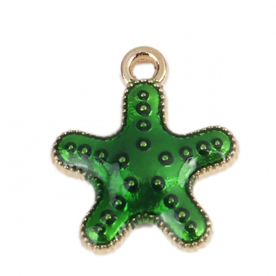 Picture of Zinc Based Alloy Ocean Jewelry Charms Star Fish Gold Plated Green Enamel 16mm x 14mm, 20 PCs
