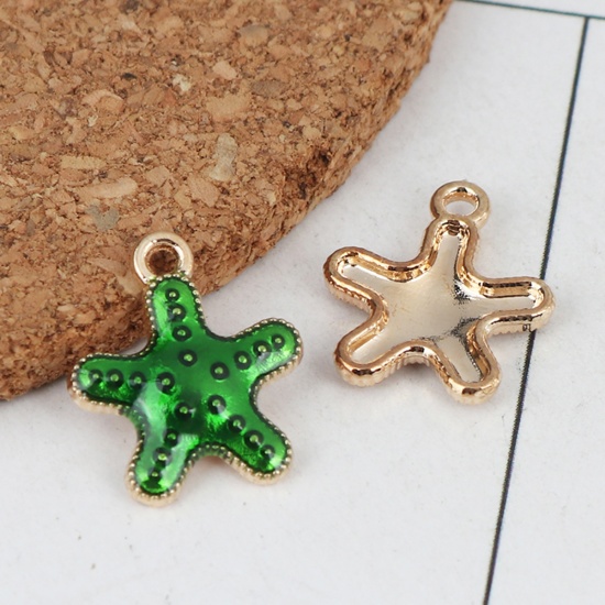 Picture of Zinc Based Alloy Ocean Jewelry Charms Star Fish Gold Plated Green Enamel 16mm x 14mm, 20 PCs
