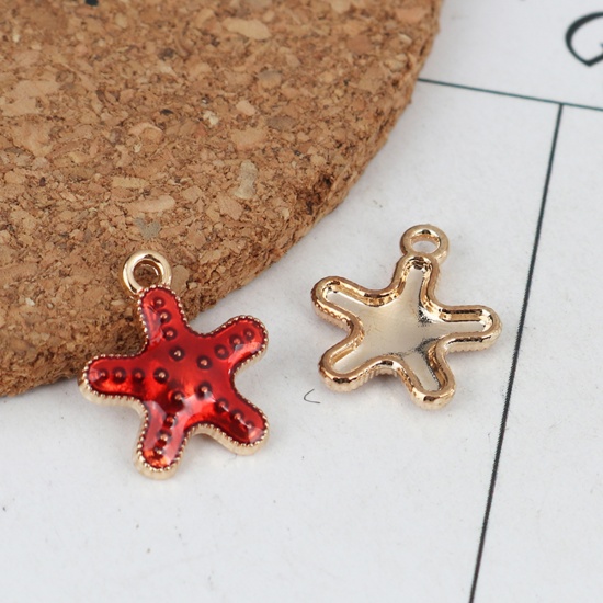 Picture of Zinc Based Alloy Ocean Jewelry Charms Star Fish Gold Plated Red Enamel 16mm x 14mm, 20 PCs