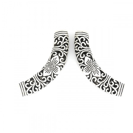 Zinc Based Alloy Spacer Beads Curved Tube Antique Silver Color Flower About 5.5cm x 1.6cm, Hole: Approx 5.1mm, 2 PCs