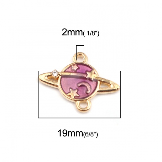 Picture of Zinc Based Alloy Galaxy Connectors Planet Gold Plated Purple Pentagram Star Enamel Clear Rhinestone 19mm x 15mm, 10 PCs