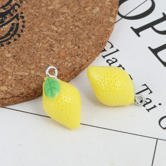 Picture of Plastic Charms Lemon Silver Tone Green & Yellow 23mm x 12mm, 5 PCs