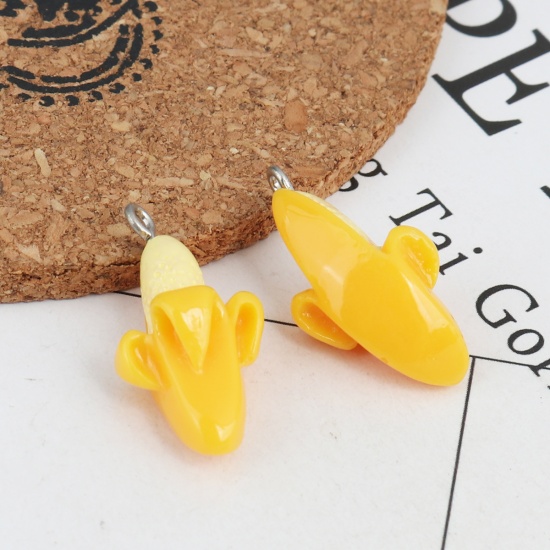 Picture of Plastic Charms Banana Fruit Silver Tone Yellow 29mm x 15mm, 5 PCs
