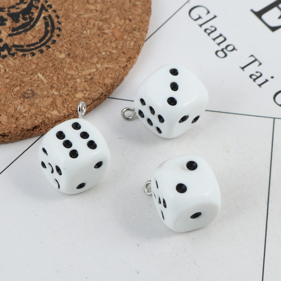 Picture of Plastic Charms Dice Silver Tone Black & White 24mm x 20mm, 5 PCs