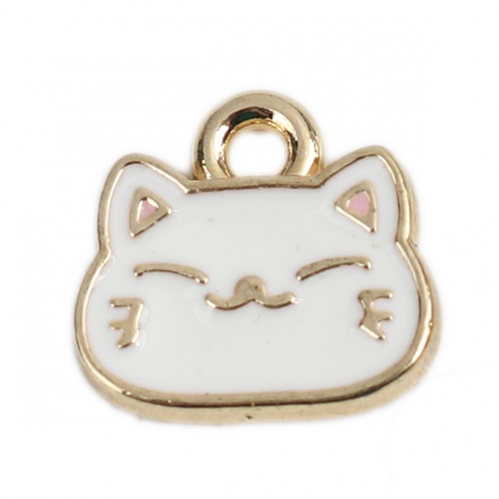 Picture of Zinc Based Alloy Charms Cat Animal Gold Plated Creamy-White Enamel 10mm x 9mm, 10 PCs