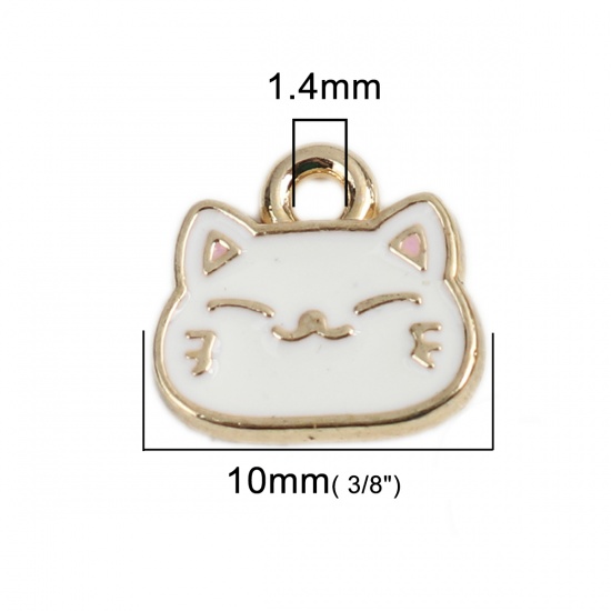 Picture of Zinc Based Alloy Charms Cat Animal Gold Plated Creamy-White Enamel 10mm x 9mm, 10 PCs