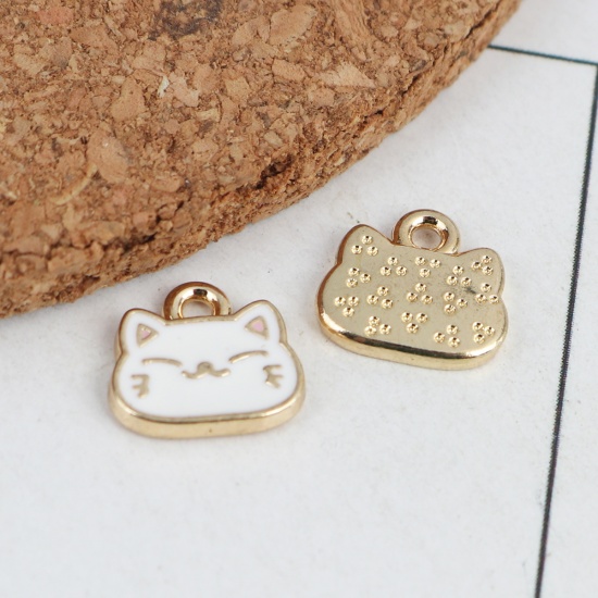 Picture of Zinc Based Alloy Charms Cat Animal Gold Plated Creamy-White Enamel 10mm x 9mm, 10 PCs