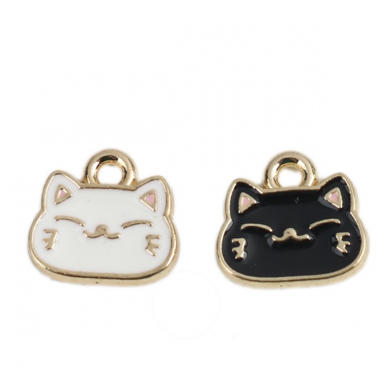 Picture of Zinc Based Alloy Charms Cat Animal Gold Plated Creamy-White Enamel 10mm x 9mm, 10 PCs