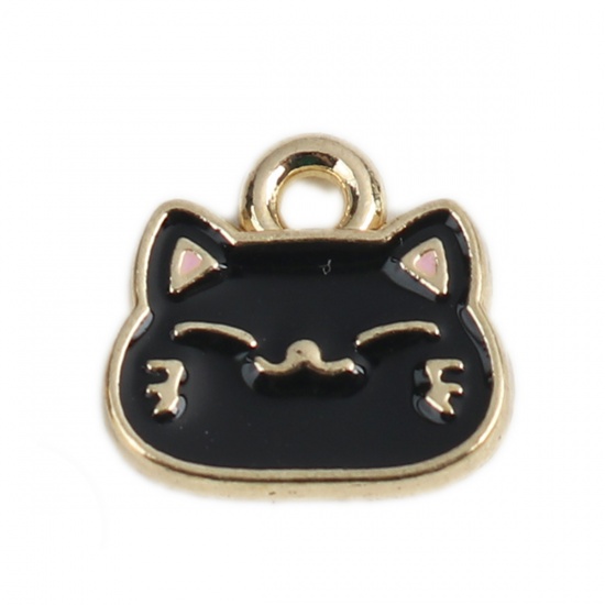 Picture of Zinc Based Alloy Charms Cat Animal Gold Plated Black Enamel 10mm x 9mm, 10 PCs