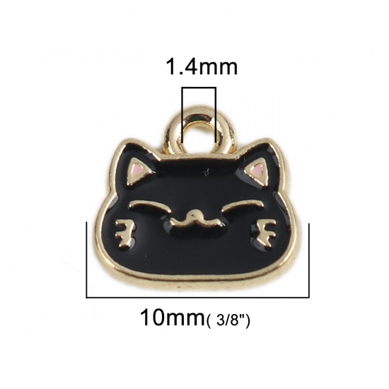 Picture of Zinc Based Alloy Charms Cat Animal Gold Plated Black Enamel 10mm x 9mm, 10 PCs