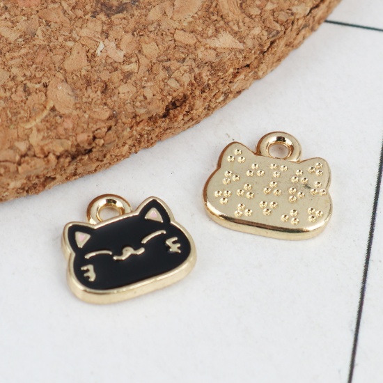 Picture of Zinc Based Alloy Charms Cat Animal Gold Plated Black Enamel 10mm x 9mm, 10 PCs