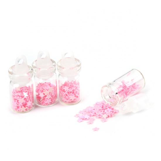 Picture of Glass Charms Bottle Pentagram Star Light Pink Sequins 25mm x 10mm, 10 PCs