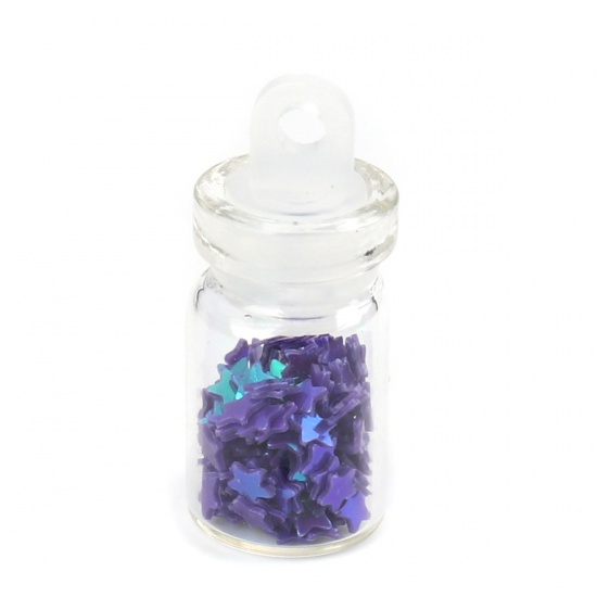 Picture of Glass Charms Bottle Pentagram Star Violet Sequins 25mm x 10mm, 10 PCs