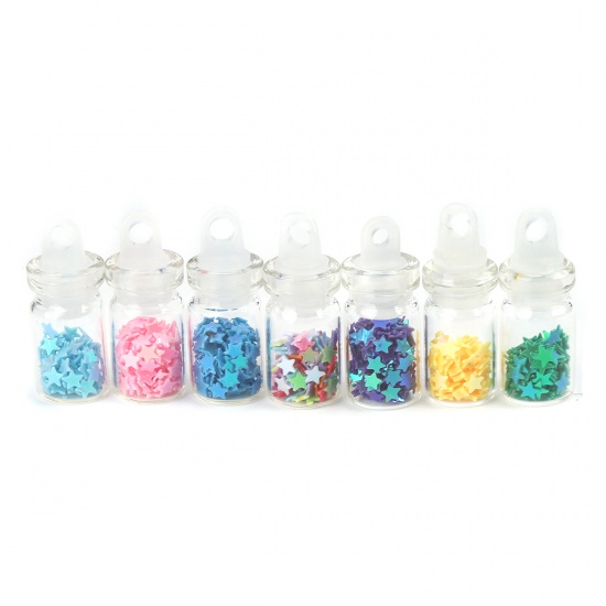 Picture of Glass Charms Bottle Pentagram Star Multicolor Sequins 25mm x 10mm, 10 PCs