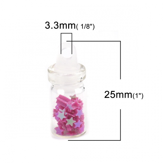 Picture of Glass Charms Bottle Pentagram Star Fuchsia Sequins 25mm x 10mm, 10 PCs