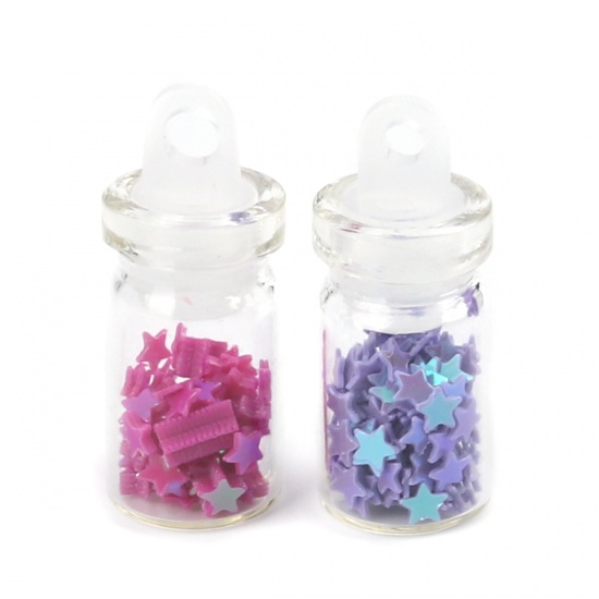 Picture of Glass Charms Bottle Pentagram Star Fuchsia Sequins 25mm x 10mm, 10 PCs
