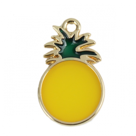Picture of Zinc Based Alloy Charms Pineapple/ Ananas Fruit Gold Plated Yellow Enamel 25mm x 15mm, 10 PCs