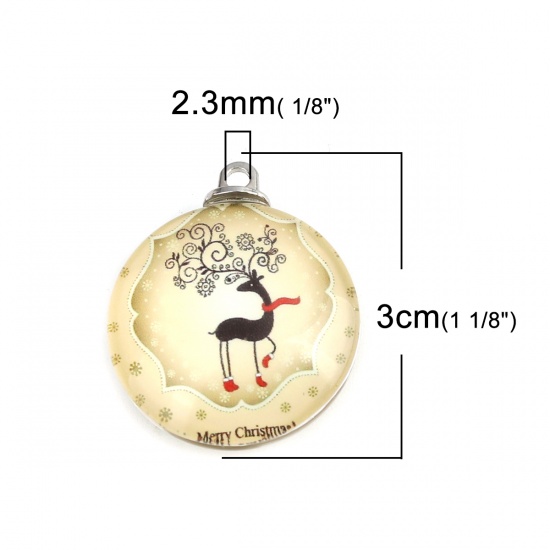 Picture of Glass Pendants Round Christmas Reindeer Silver Tone Multicolor 30mm x 25mm, 5 PCs
