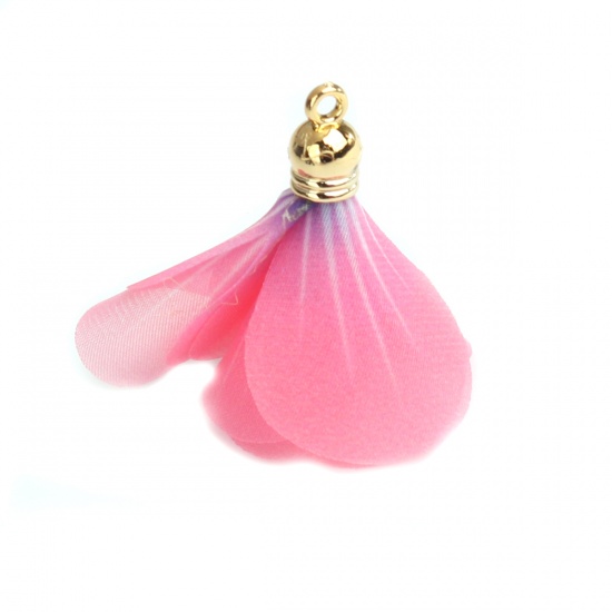 Picture of Gauze Tassel Pendants Flower Gold Plated Pink 4.5cm x 3.8cm, 10 PCs