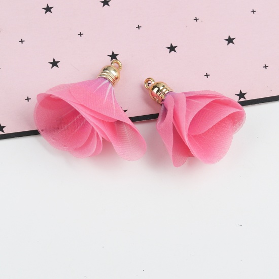 Picture of Gauze Tassel Pendants Flower Gold Plated Pink 4.5cm x 3.8cm, 10 PCs