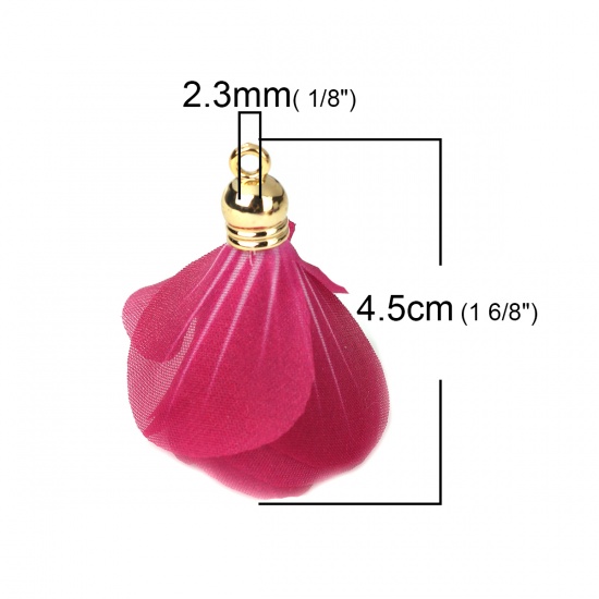 Picture of Gauze Tassel Pendants Flower Gold Plated Fuchsia 4.5cm x 3.8cm, 10 PCs