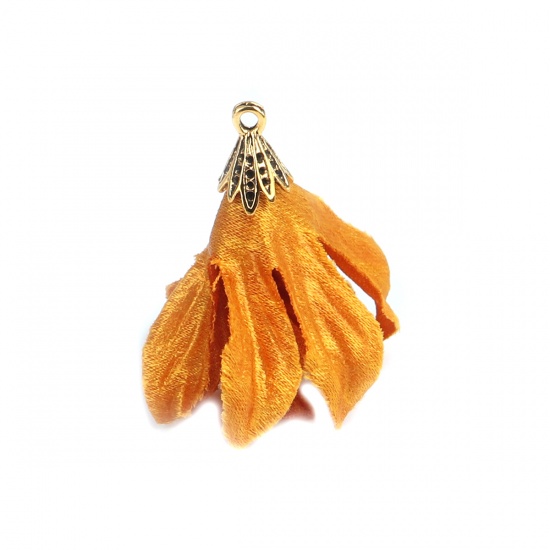 Picture of Fabric Tassel Pendants Flower Gold Plated Orange Dot 4.1cm x 3.7cm, 10 PCs