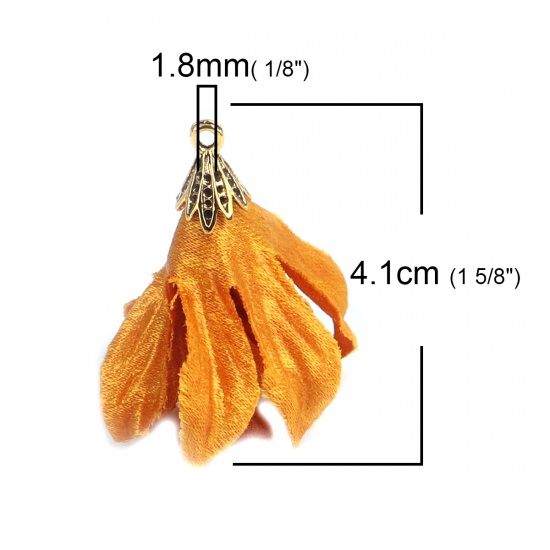 Picture of Fabric Tassel Pendants Flower Gold Plated Orange Dot 4.1cm x 3.7cm, 10 PCs
