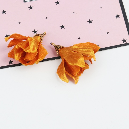 Picture of Fabric Tassel Pendants Flower Gold Plated Orange Dot 4.1cm x 3.7cm, 10 PCs