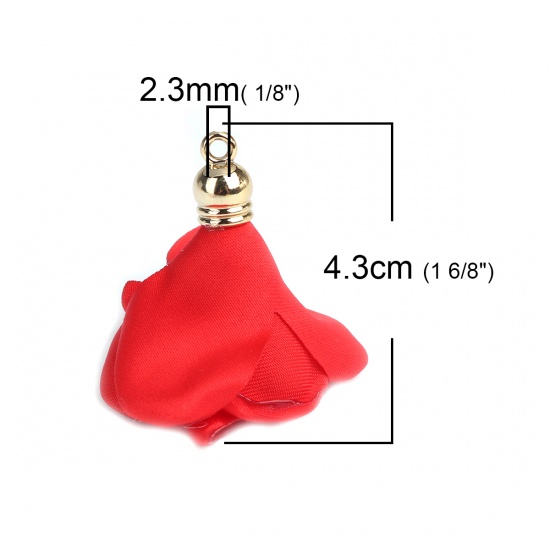 Picture of Fabric Tassel Pendants Flower Gold Plated Red 4.3cm x 3.7cm, 10 PCs