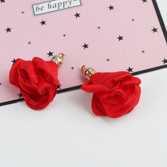 Picture of Fabric Tassel Pendants Flower Gold Plated Red 4.3cm x 3.7cm, 10 PCs