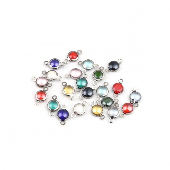 Picture of 304 Stainless Steel & Glass Connectors Round Silver Tone At Random Mixed 12mm x 7mm, 10 PCs