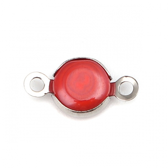 Picture of 304 Stainless Steel & Glass Connectors Round Silver Tone Orange-red 12mm x 7mm, 10 PCs