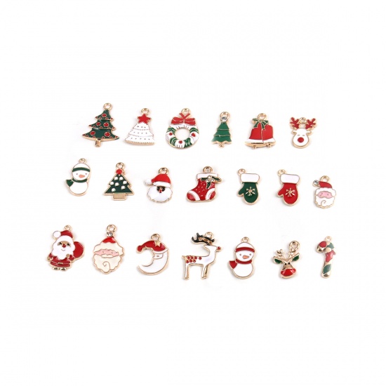 Picture of Zinc Based Alloy Charms Christmas Santa Claus Gold Plated Multicolor Tree Enamel 23mm x 17mm - 17mm x 10mm, 1 Packet ( 20 PCs/Set)