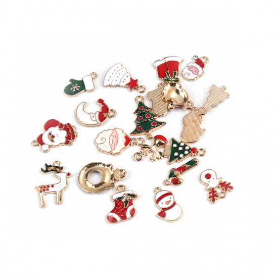 Picture of Zinc Based Alloy Charms Christmas Santa Claus Gold Plated Multicolor Tree Enamel 23mm x 17mm - 17mm x 10mm, 1 Packet ( 20 PCs/Set)