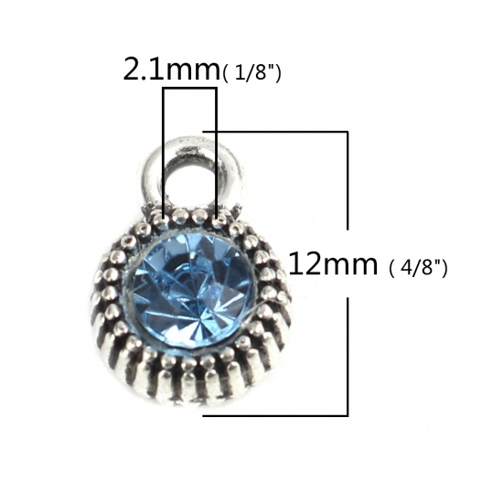 Picture of Zinc Based Alloy Charms Round Antique Silver Pentagram Star Light Blue Rhinestone 12mm x 8mm, 20 PCs