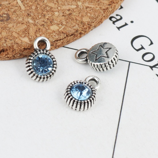 Picture of Zinc Based Alloy Charms Round Antique Silver Pentagram Star Light Blue Rhinestone 12mm x 8mm, 20 PCs