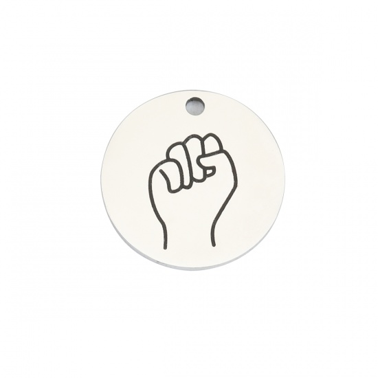 Picture of 304 Stainless Steel Charms Fist Power Hand Sign Gesture Silver Tone Black Round 20mm Dia., 1 Piece