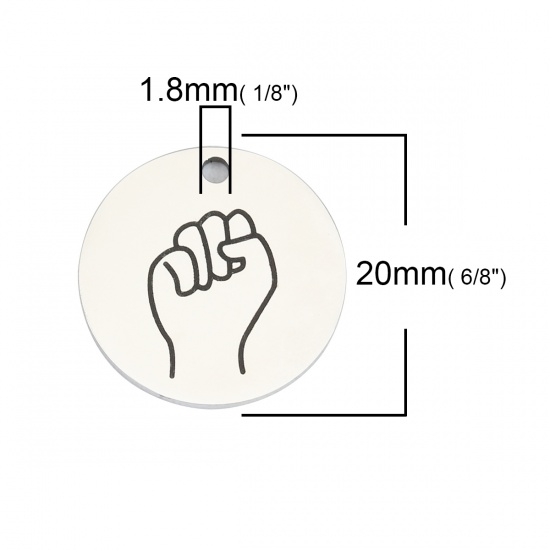 Picture of 304 Stainless Steel Charms Fist Power Hand Sign Gesture Silver Tone Black Round 20mm Dia., 1 Piece