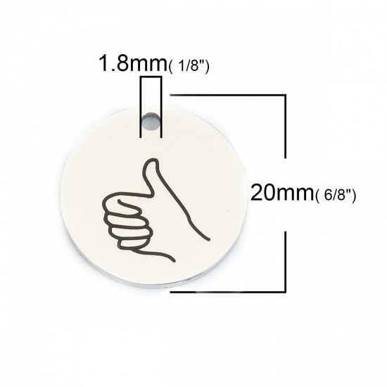 Immagine di 304 Acciaio Inossidabile Charms Gesto del segno della mano di elogio Tono Argento Nero Tondo 20mm Dia., 1 Pz