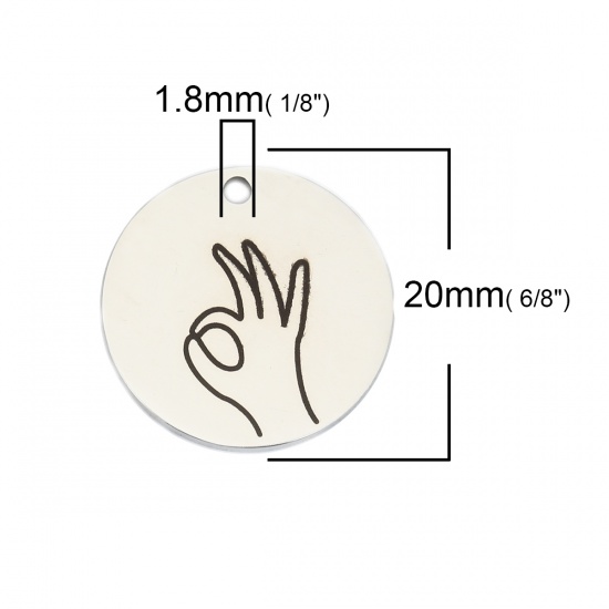 Picture of 304 Stainless Steel Charms OK Hand Sign Gesture Silver Tone Black Round 20mm Dia., 1 Piece