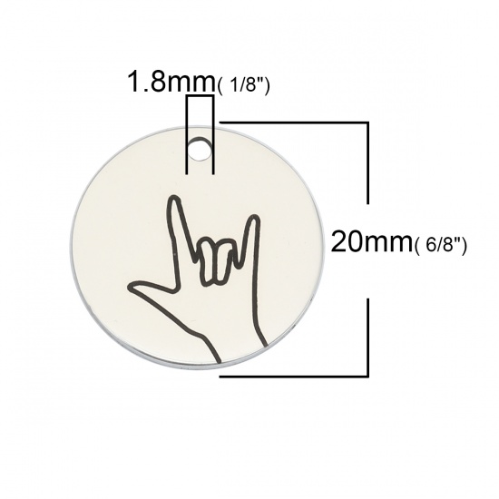 Picture of 304 Stainless Steel Charms I LOVE YOU Hand Sign Gesture Silver Tone Black Round 20mm Dia., 1 Piece