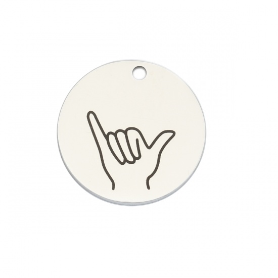 Picture of 304 Stainless Steel Charms Call Me Hand Sign Gesture Silver Tone Black Round 20mm Dia., 1 Piece